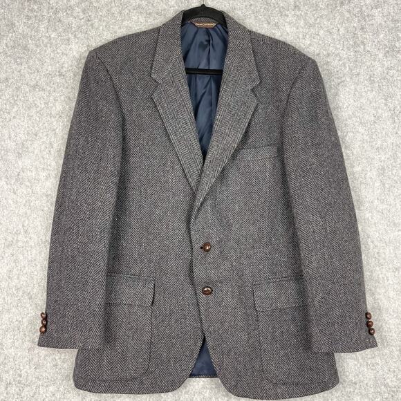 Farah Wool Tweed Blazer Sport Coat Mens 44R Blue Gray Herringbone 2 Button